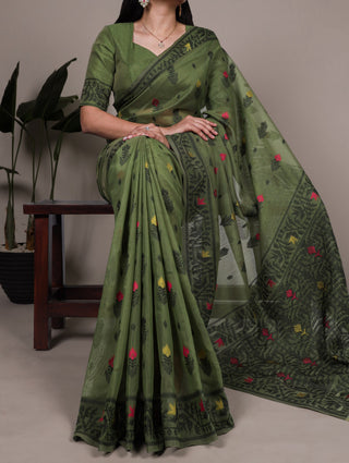 Mehendi Elegant Poly Cotton Thread-Weaving Saree with Matching Unstitched Blouse – Lightweight Traditional Daily & Festive Wear ClothsVilla