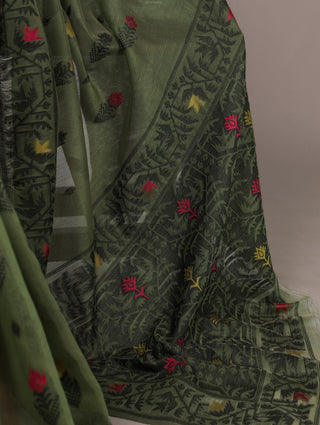 Mehendi Elegant Poly Cotton Thread-Weaving Saree with Matching Unstitched Blouse – Lightweight Traditional Daily & Festive Wear ClothsVilla