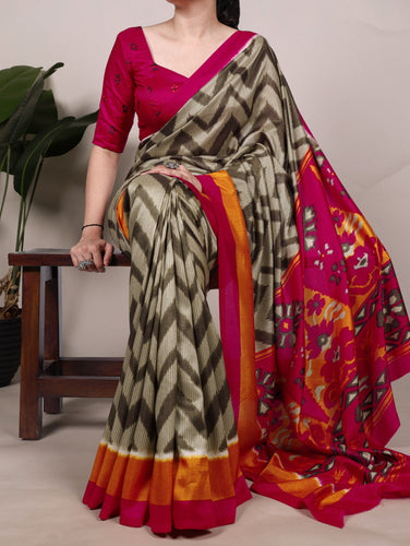 Mehendi Elegant Printed Tasar Silk Saree with Matching Unstitched Blouse ClothsVilla