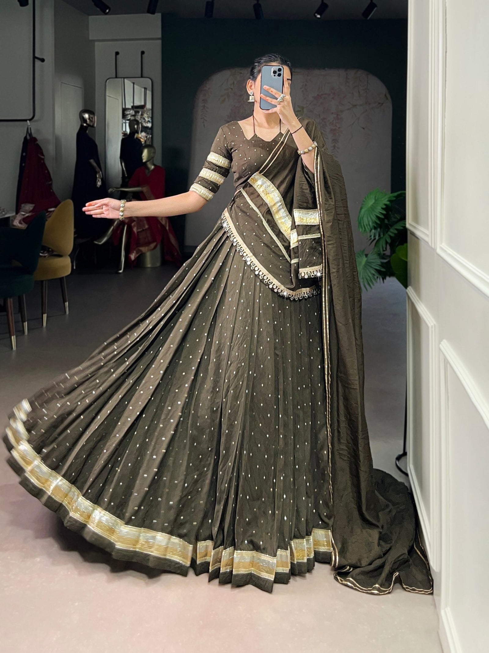 Mehendi Elegant Pure Chanderi Zari Weaving Lehenga Set with Embossed Design & Lace Touch-Up – 6-Meter Flair Stitched Lehenga, Blouse & Dupatta ClothsVilla