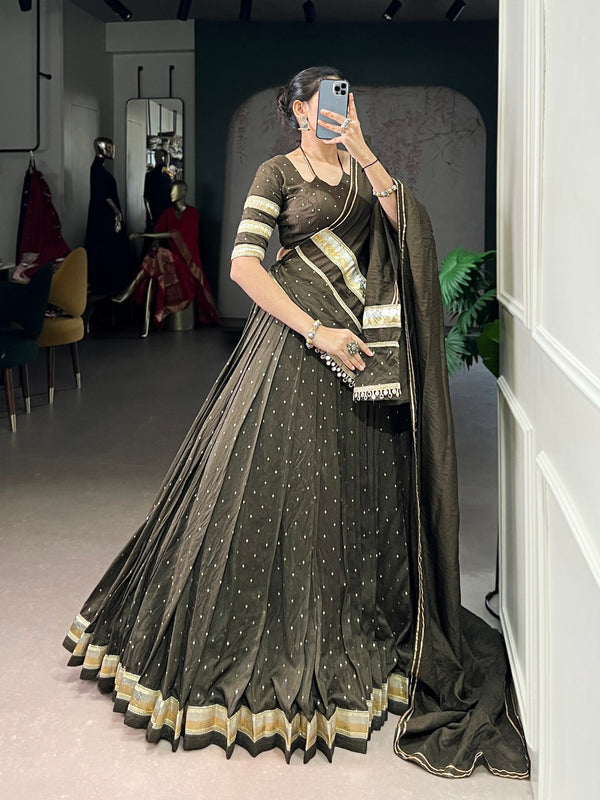 Mehendi Elegant Pure Chanderi Zari Weaving Lehenga Set with Embossed Design & Lace Touch-Up – 6-Meter Flair Stitched Lehenga, Blouse & Dupatta ClothsVilla