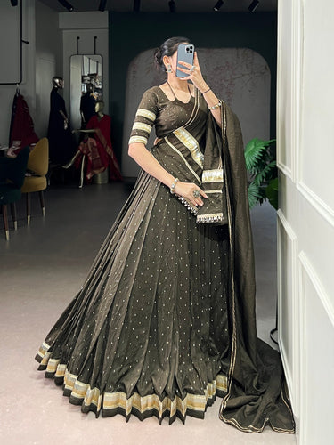 Mehendi Elegant Pure Chanderi Zari Weaving Lehenga Set with Embossed Design & Lace Touch-Up – 6-Meter Flair Stitched Lehenga, Blouse & Dupatta ClothsVilla