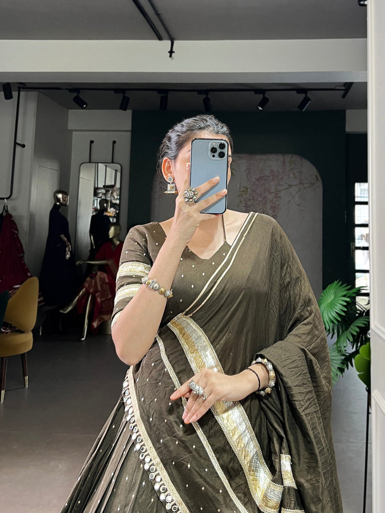 Mehendi Elegant Pure Chanderi Zari Weaving Lehenga Set with Embossed Design & Lace Touch-Up – 6-Meter Flair Stitched Lehenga, Blouse & Dupatta ClothsVilla