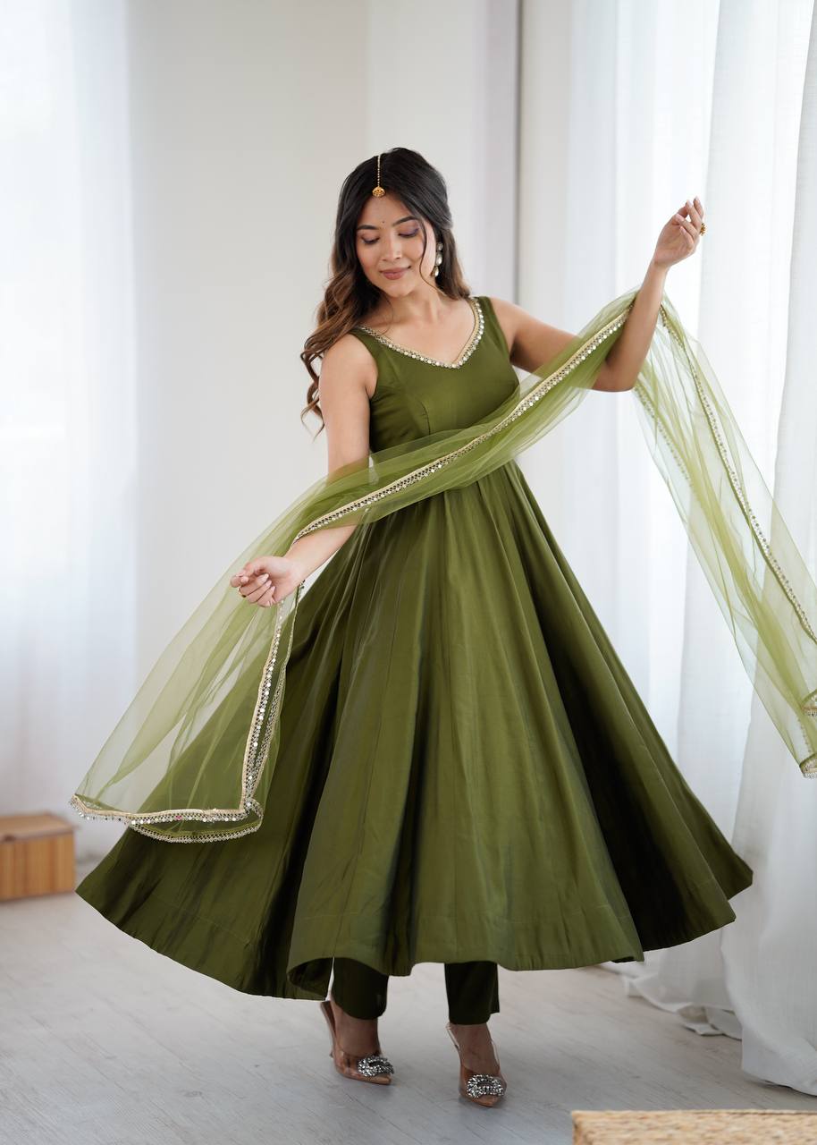 Mehendi Elegant Roman Silk Chanderi Anarkali Set with Dupatta & Pant ClothsVilla