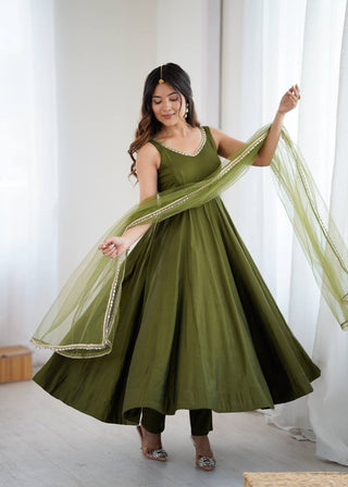 Mehendi Elegant Roman Silk Chanderi Anarkali Set with Dupatta & Pant ClothsVilla