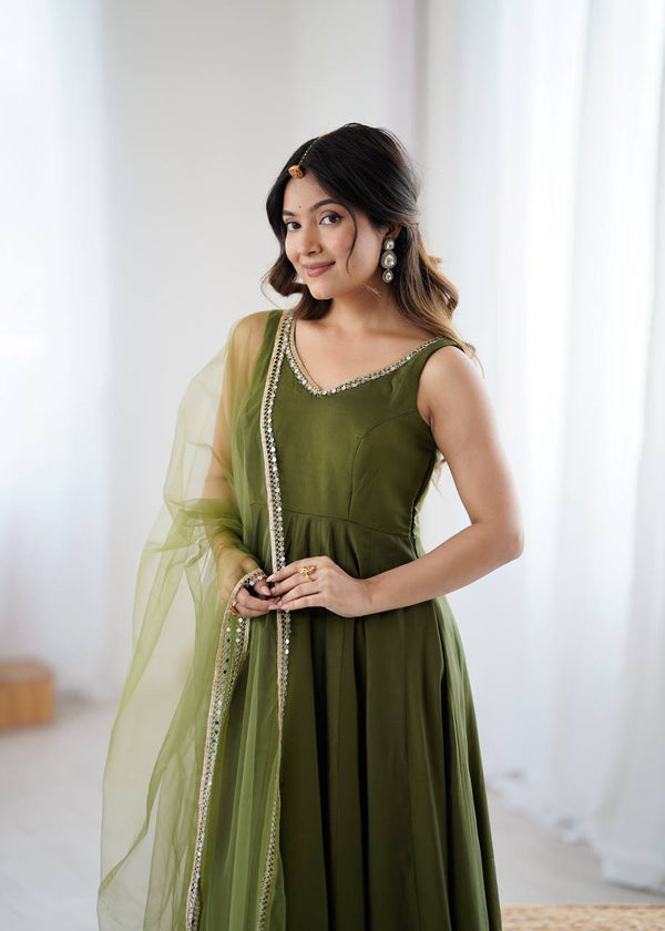 Mehendi Elegant Roman Silk Chanderi Anarkali Set with Dupatta & Pant ClothsVilla