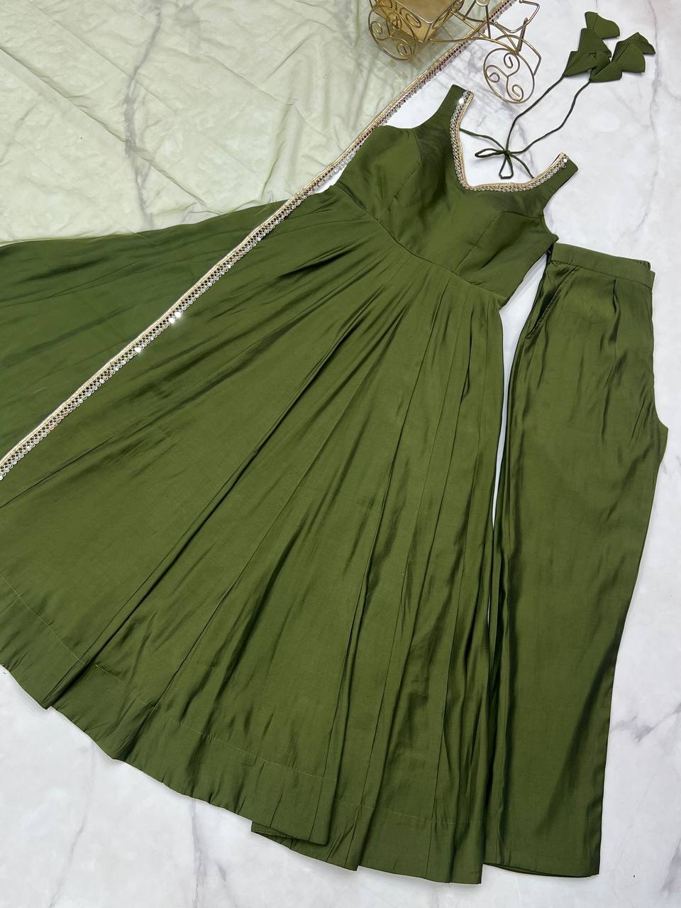 Mehendi Elegant Roman Silk Chanderi Anarkali Set with Dupatta & Pant ClothsVilla