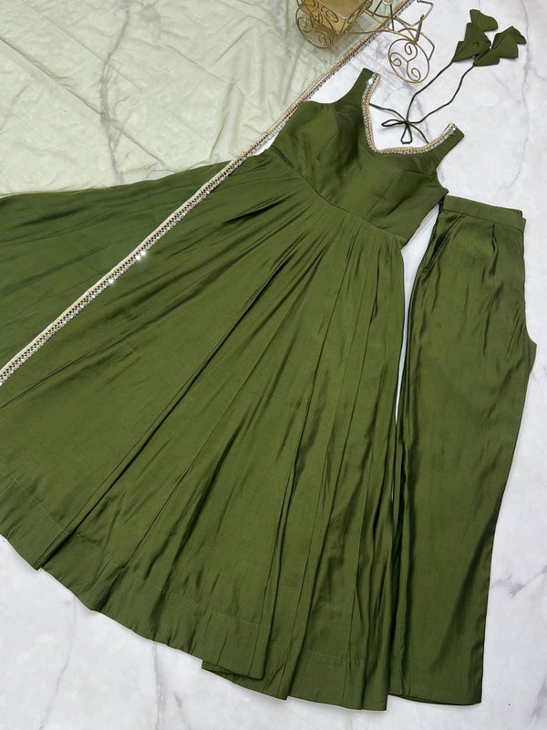 Mehendi Elegant Roman Silk Chanderi Anarkali Set with Dupatta & Pant ClothsVilla