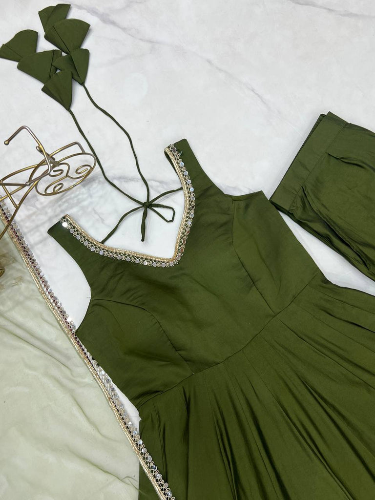 Mehendi Elegant Roman Silk Chanderi Anarkali Set with Dupatta & Pant ClothsVilla