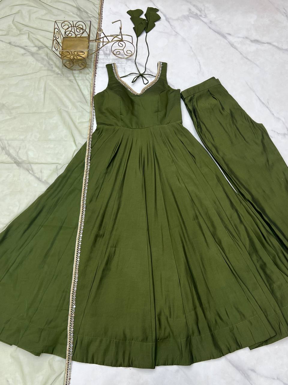 Mehendi Elegant Roman Silk Chanderi Anarkali Set with Dupatta & Pant ClothsVilla