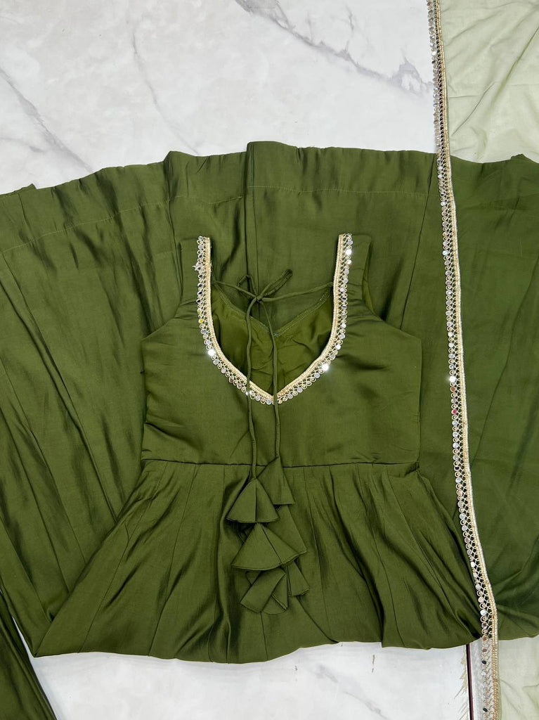 Mehendi Elegant Roman Silk Chanderi Anarkali Set with Dupatta & Pant ClothsVilla