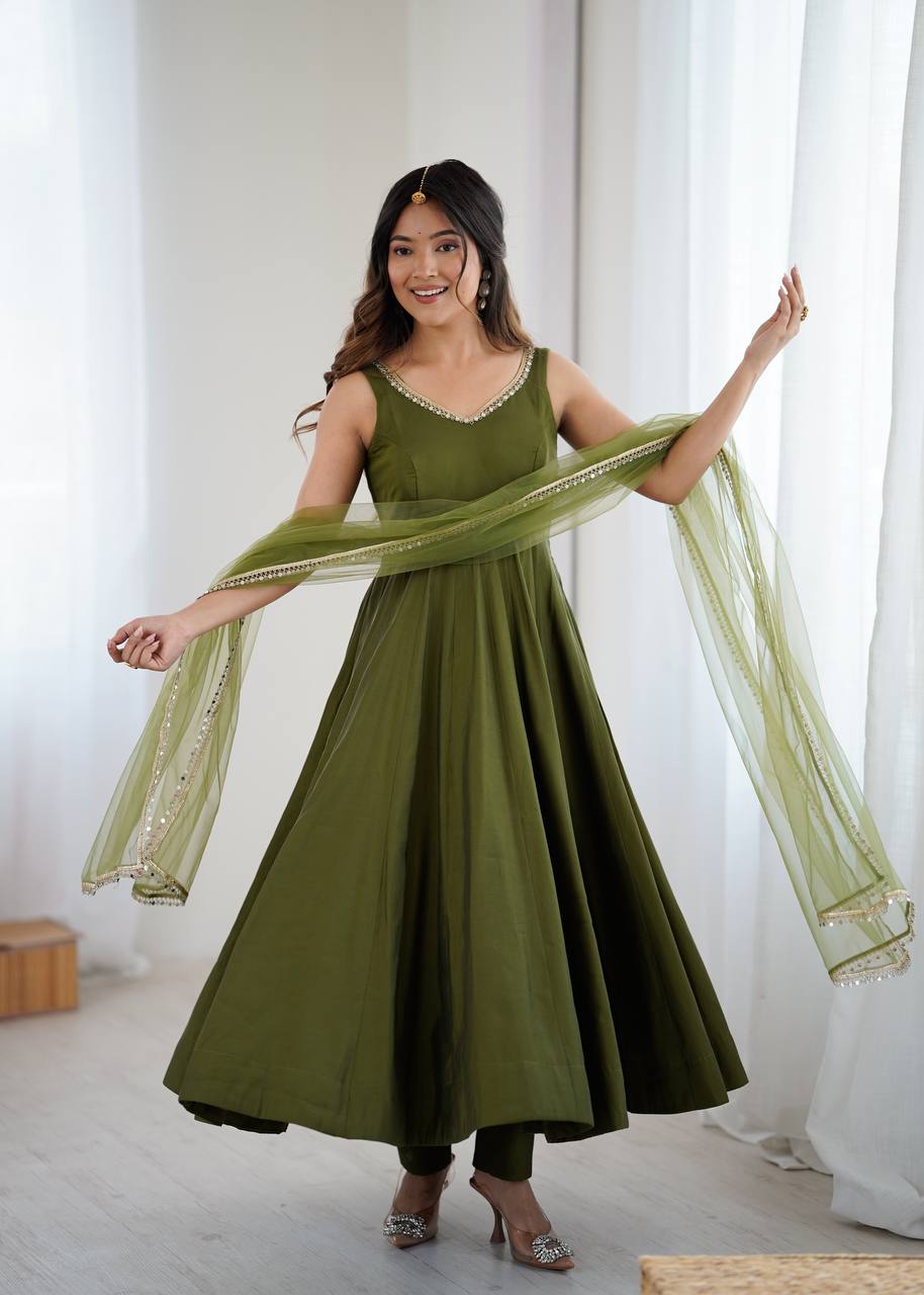 Mehendi Elegant Roman Silk Chanderi Anarkali Set with Dupatta & Pant ClothsVilla Main image