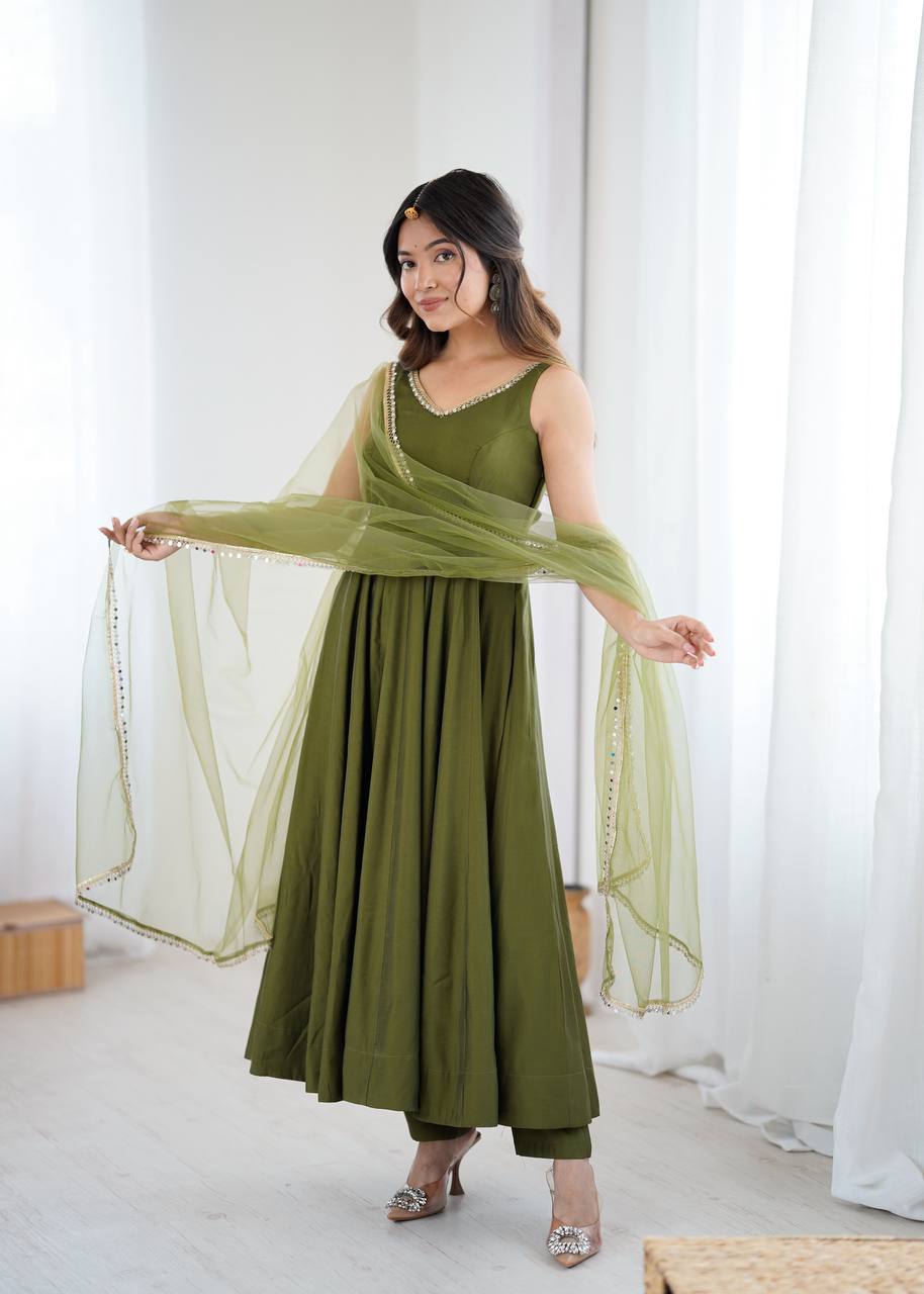 Mehendi Elegant Roman Silk Chanderi Anarkali Set with Dupatta & Pant ClothsVilla