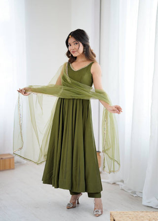 Mehendi Elegant Roman Silk Chanderi Anarkali Set with Dupatta & Pant ClothsVilla