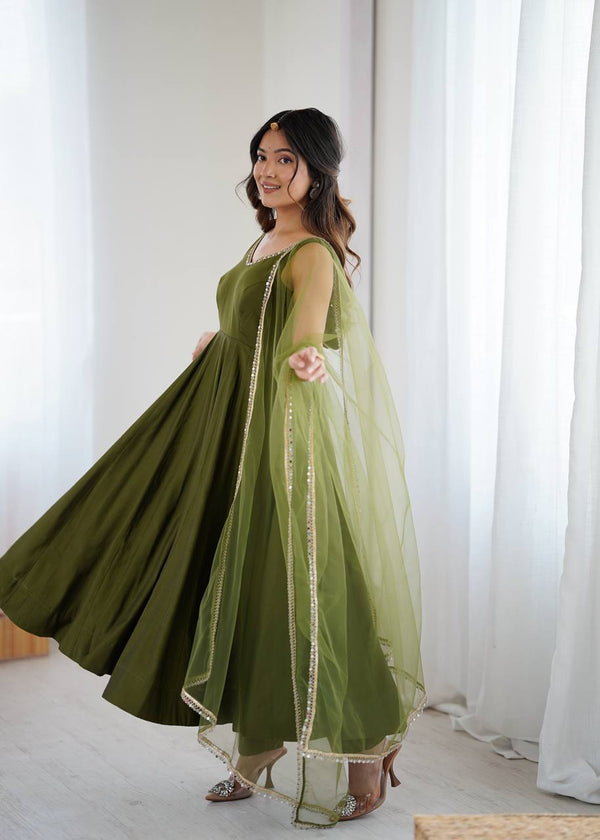 Mehendi Elegant Roman Silk Chanderi Anarkali Set with Dupatta & Pant ClothsVilla