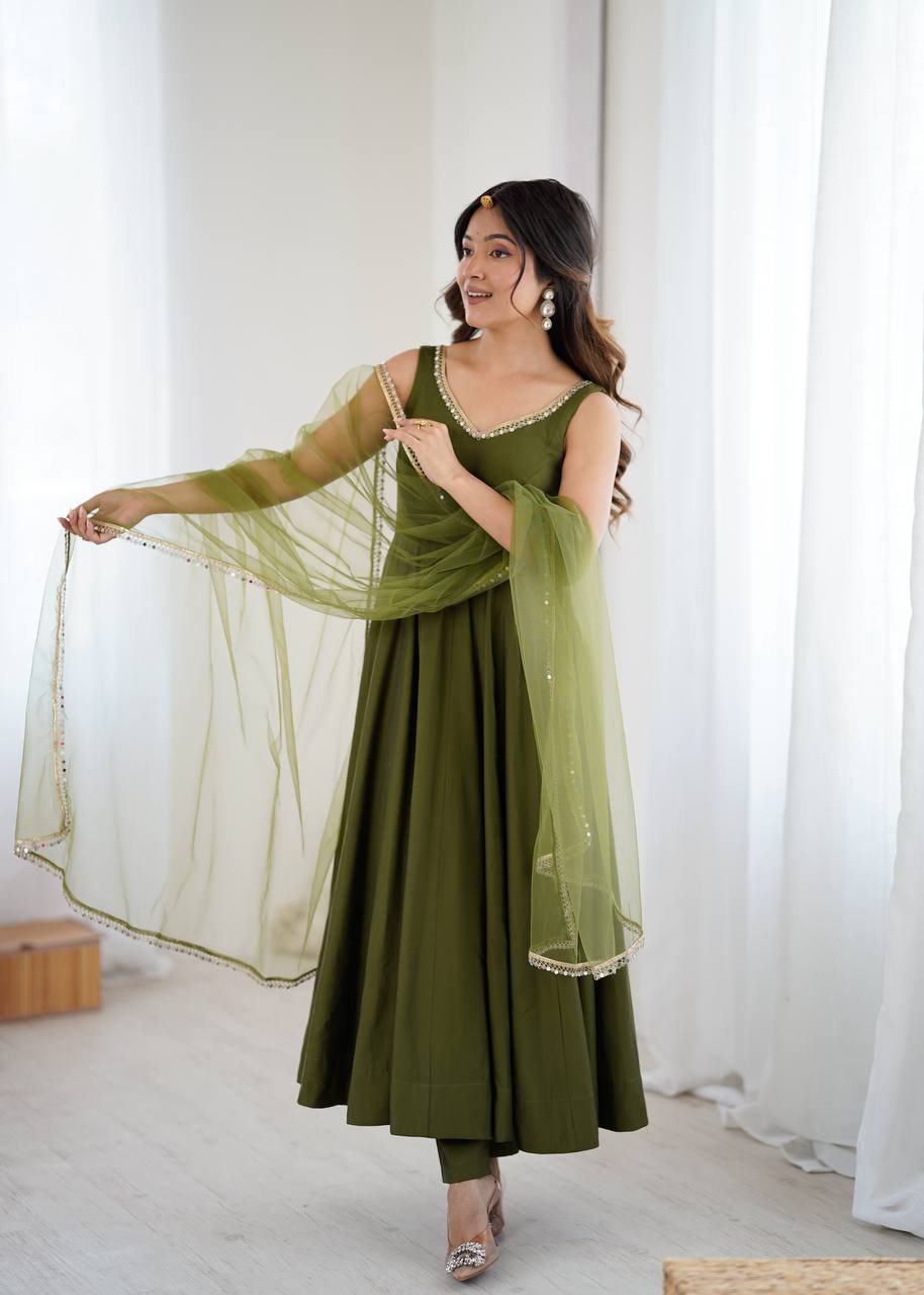 Mehendi Elegant Roman Silk Chanderi Anarkali Set with Dupatta & Pant ClothsVilla