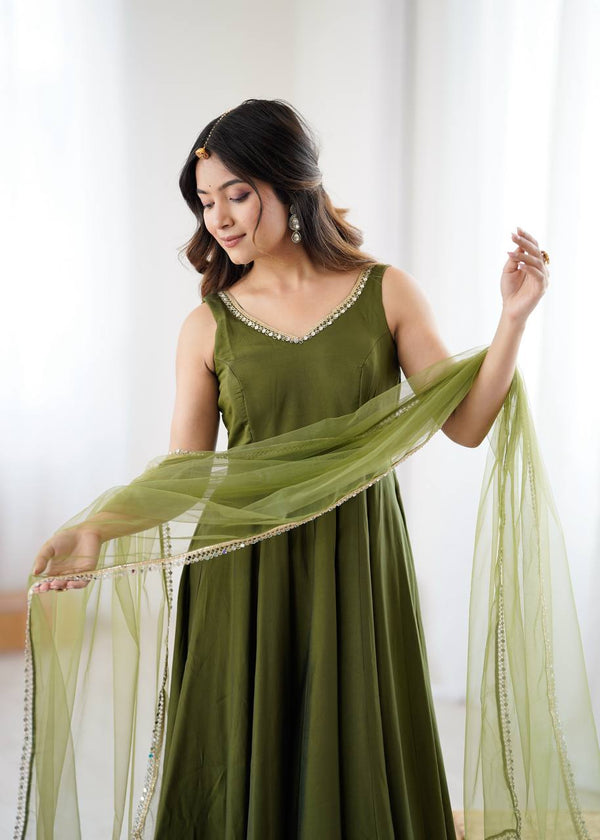 Mehendi Elegant Roman Silk Chanderi Anarkali Set with Dupatta & Pant ClothsVilla