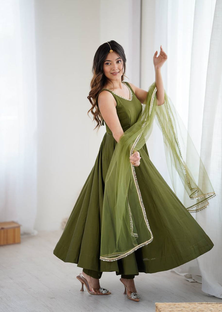 Mehendi Elegant Roman Silk Chanderi Anarkali Set with Dupatta & Pant ClothsVilla