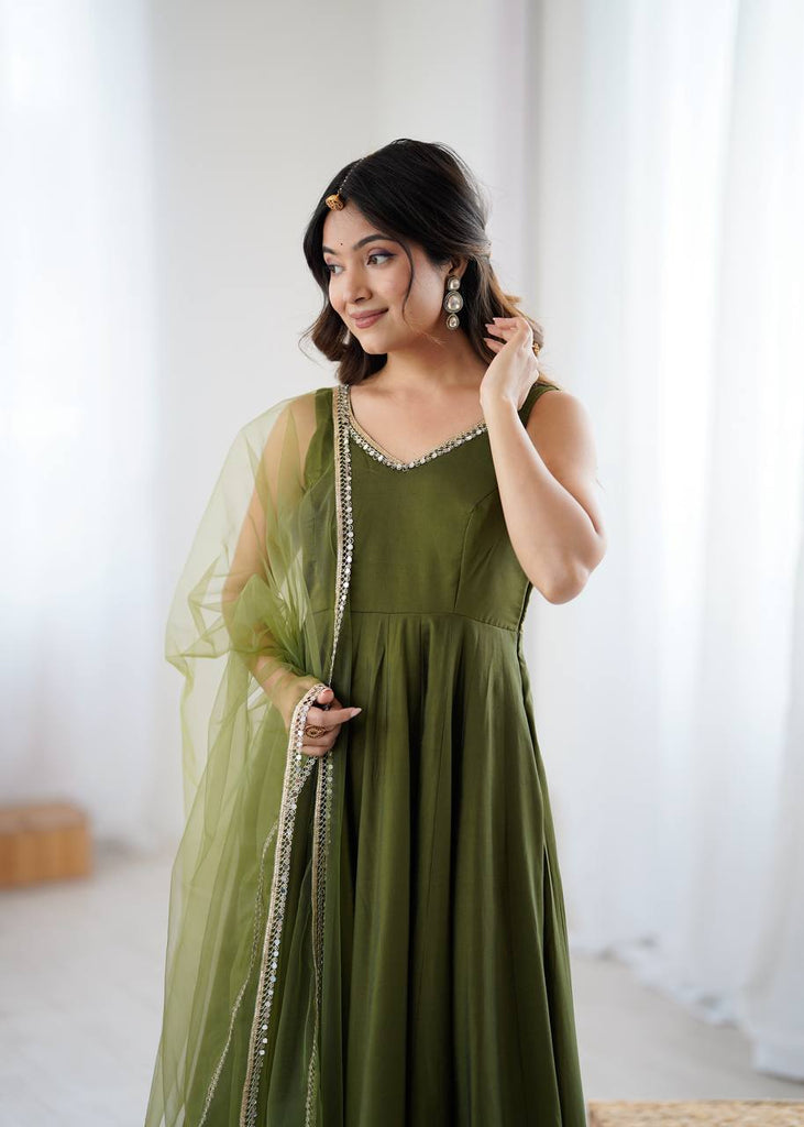 Mehendi Elegant Roman Silk Chanderi Anarkali Set with Dupatta & Pant ClothsVilla