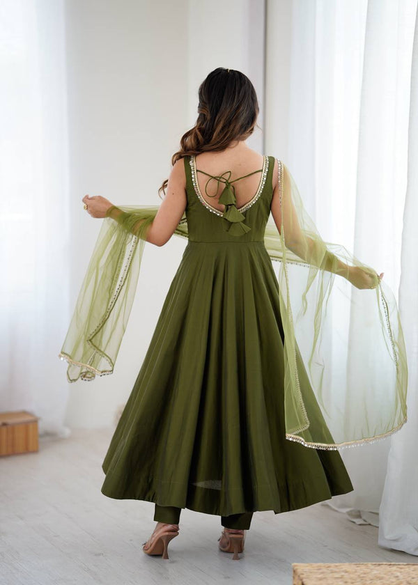 Mehendi Elegant Roman Silk Chanderi Anarkali Set with Dupatta & Pant ClothsVilla
