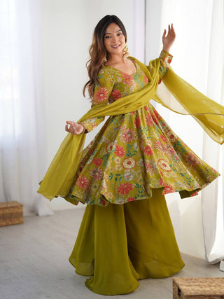 Mehendi Elegant Roman Silk Chanderi Kediya Kurta Set with Dupatta & Palazzo ClothsVilla