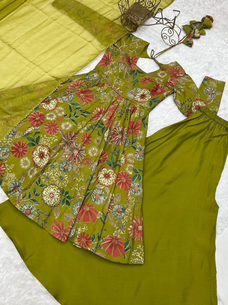 Mehendi Elegant Roman Silk Chanderi Kediya Kurta Set with Dupatta & Palazzo ClothsVilla