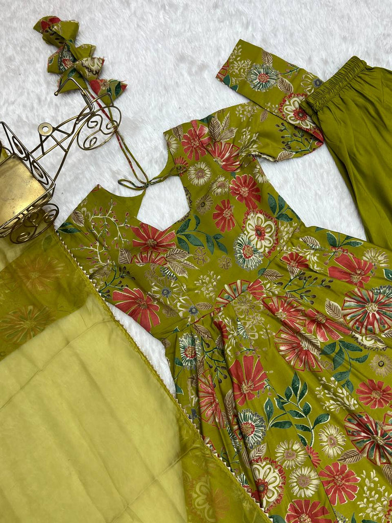 Mehendi Elegant Roman Silk Chanderi Kediya Kurta Set with Dupatta & Palazzo ClothsVilla