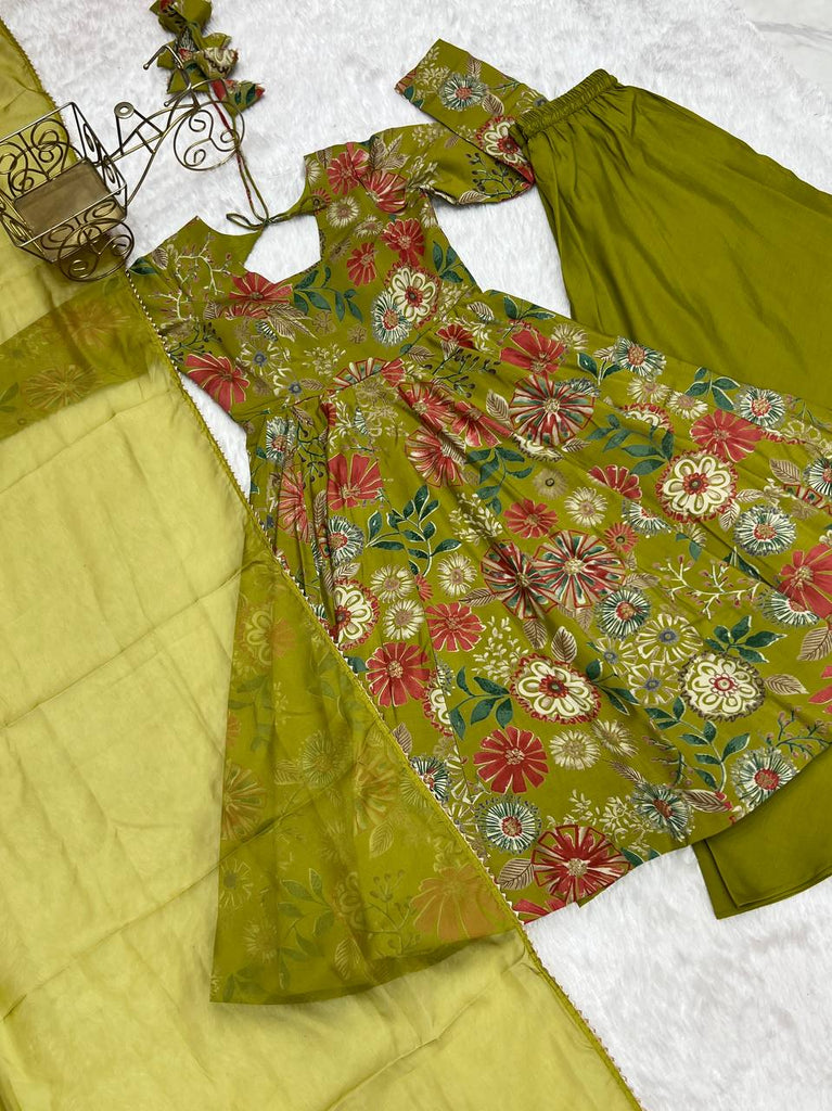 Mehendi Elegant Roman Silk Chanderi Kediya Kurta Set with Dupatta & Palazzo ClothsVilla