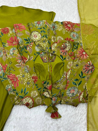 Mehendi Elegant Roman Silk Chanderi Kediya Kurta Set with Dupatta & Palazzo ClothsVilla