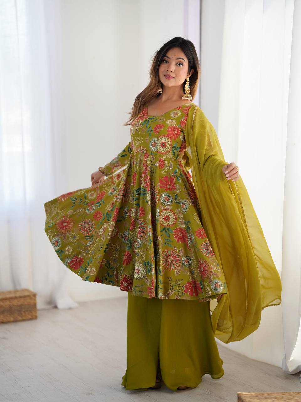 Mehendi Elegant Roman Silk Chanderi Kediya Kurta Set with Dupatta & Palazzo ClothsVilla