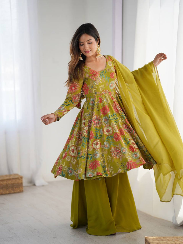 Mehendi Elegant Roman Silk Chanderi Kediya Kurta Set with Dupatta & Palazzo ClothsVilla