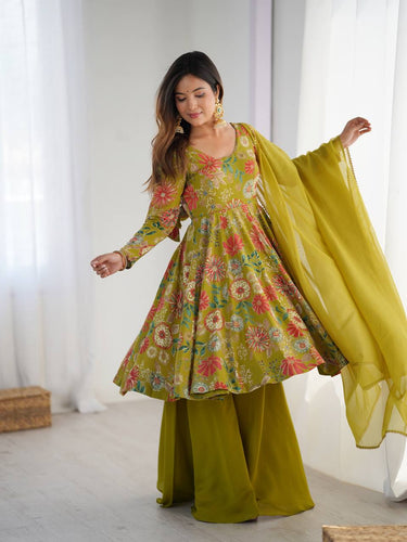 Mehendi Elegant Roman Silk Chanderi Kediya Kurta Set with Dupatta & Palazzo ClothsVilla