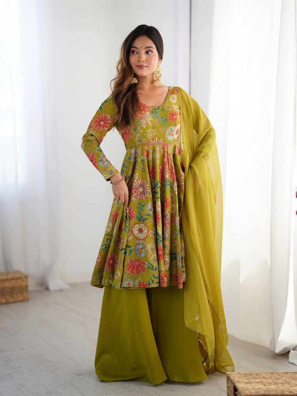 Mehendi Elegant Roman Silk Chanderi Kediya Kurta Set with Dupatta & Palazzo ClothsVilla