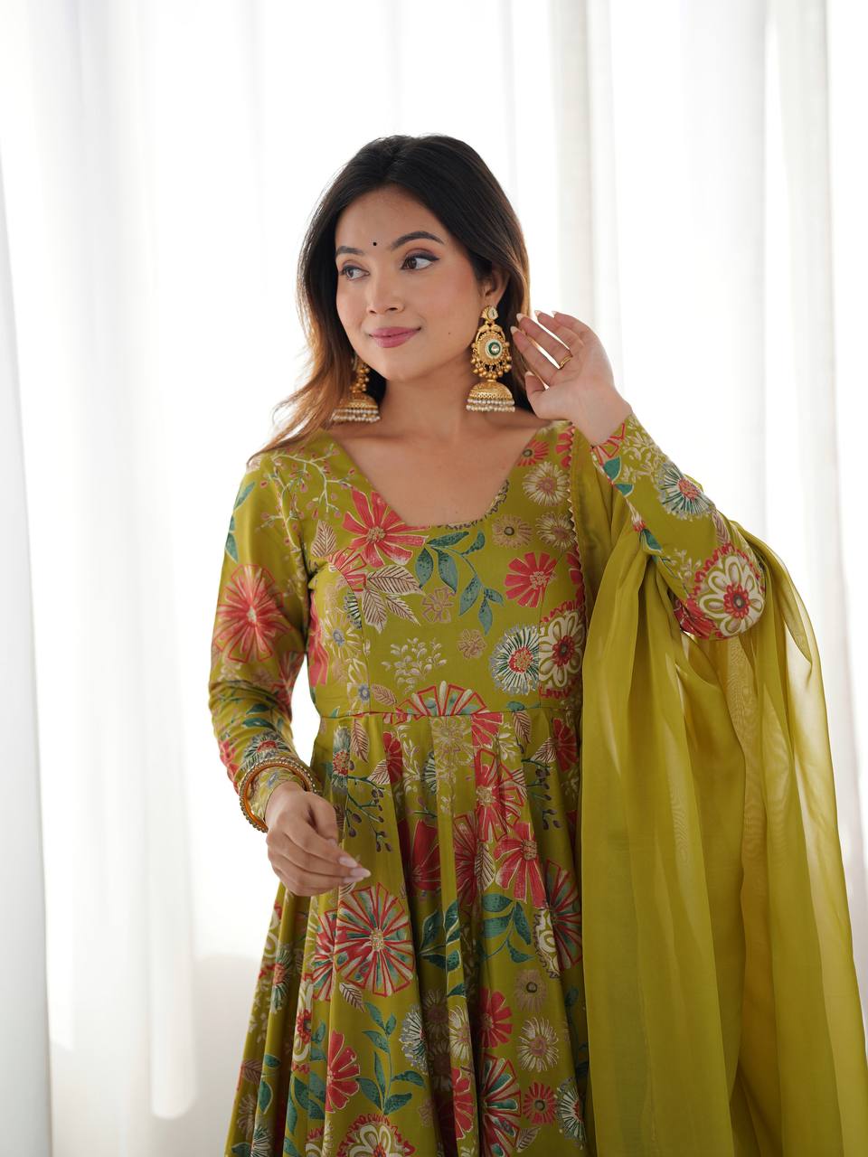 Mehendi Elegant Roman Silk Chanderi Kediya Kurta Set with Dupatta & Palazzo ClothsVilla