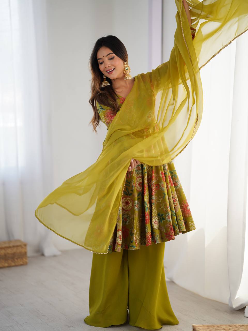 Mehendi Elegant Roman Silk Chanderi Kediya Kurta Set with Dupatta & Palazzo ClothsVilla