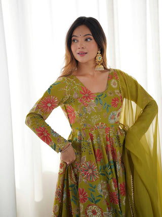 Mehendi Elegant Roman Silk Chanderi Kediya Kurta Set with Dupatta & Palazzo ClothsVilla