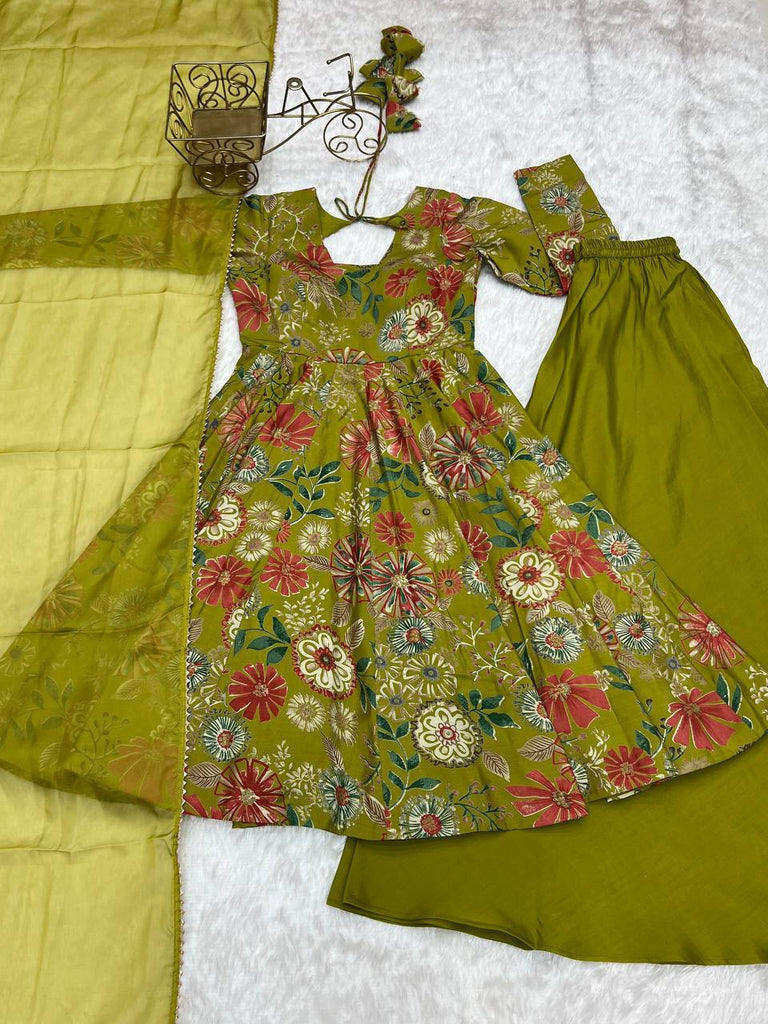 Mehendi Elegant Roman Silk Chanderi Kediya Kurta Set with Dupatta & Palazzo ClothsVilla