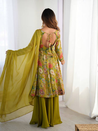 Mehendi Elegant Roman Silk Chanderi Kediya Kurta Set with Dupatta & Palazzo ClothsVilla