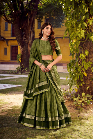 Mehendi Elegant Stitched Chettinad Cotton Lehenga with Checks & Zari Weaving – Traditional Festive Wear Set ClothsVilla