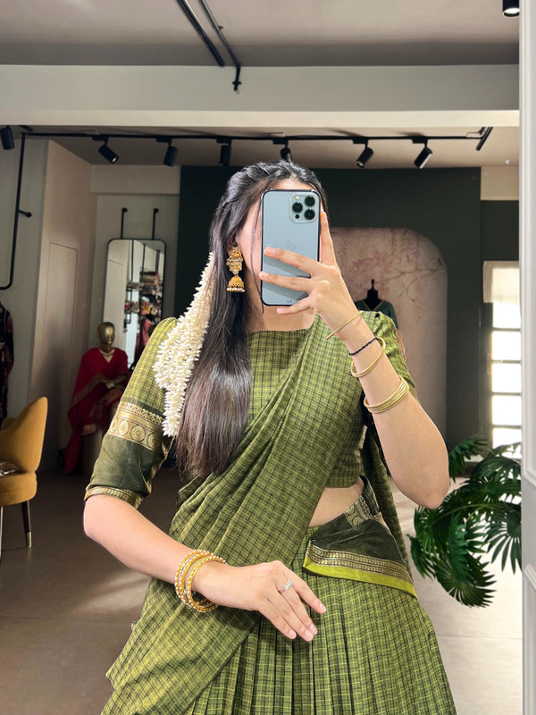 Mehendi Elegant Stitched Chettinad Cotton Lehenga with Checks & Zari Weaving – Traditional Festive Wear Set ClothsVilla