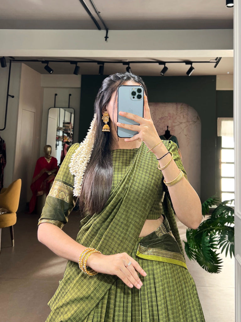 Mehendi Elegant Stitched Chettinad Cotton Lehenga with Checks & Zari Weaving – Traditional Festive Wear Set ClothsVilla