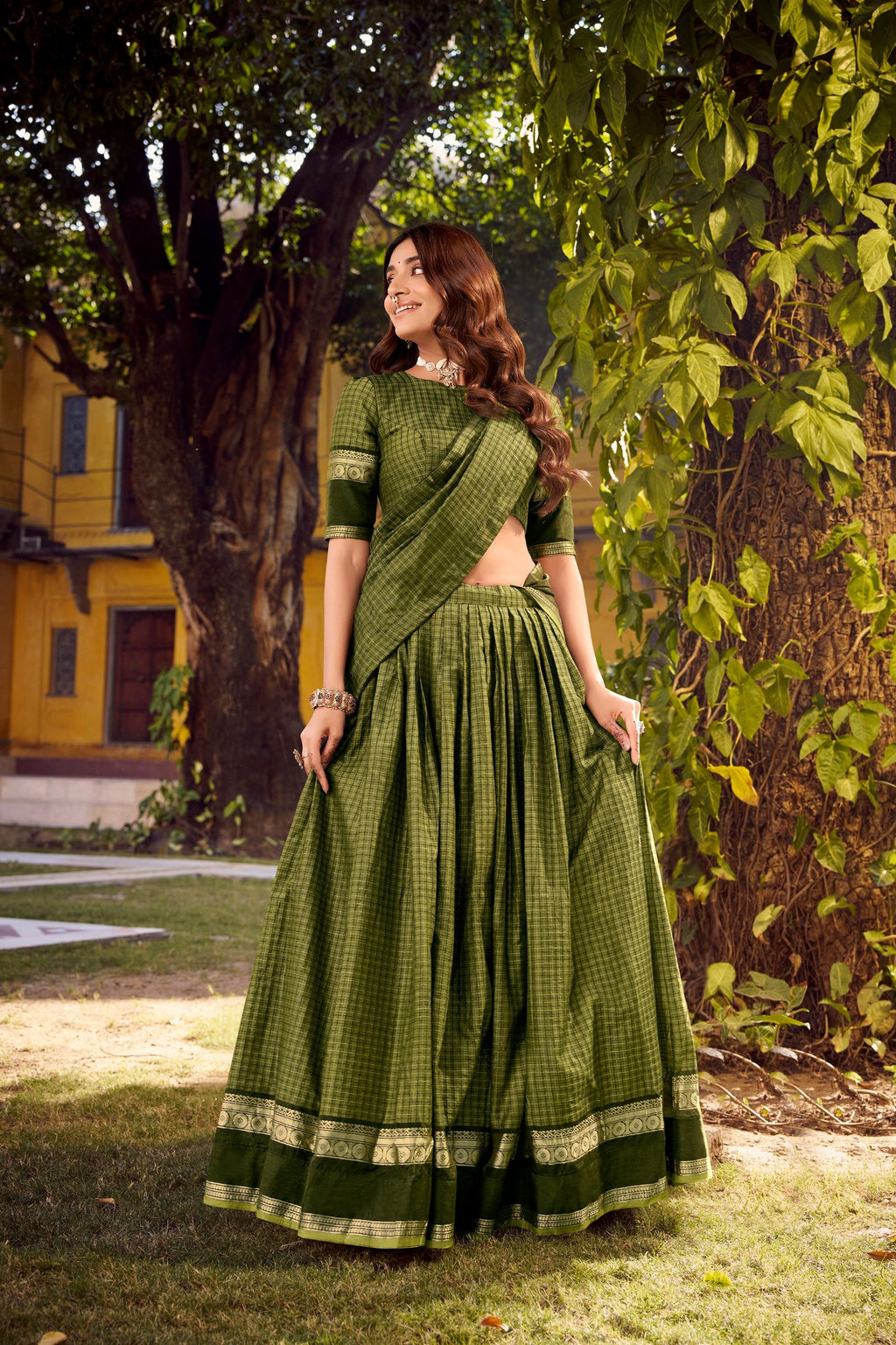 Mehendi Elegant Stitched Chettinad Cotton Lehenga with Checks & Zari Weaving – Traditional Festive Wear Set ClothsVilla
