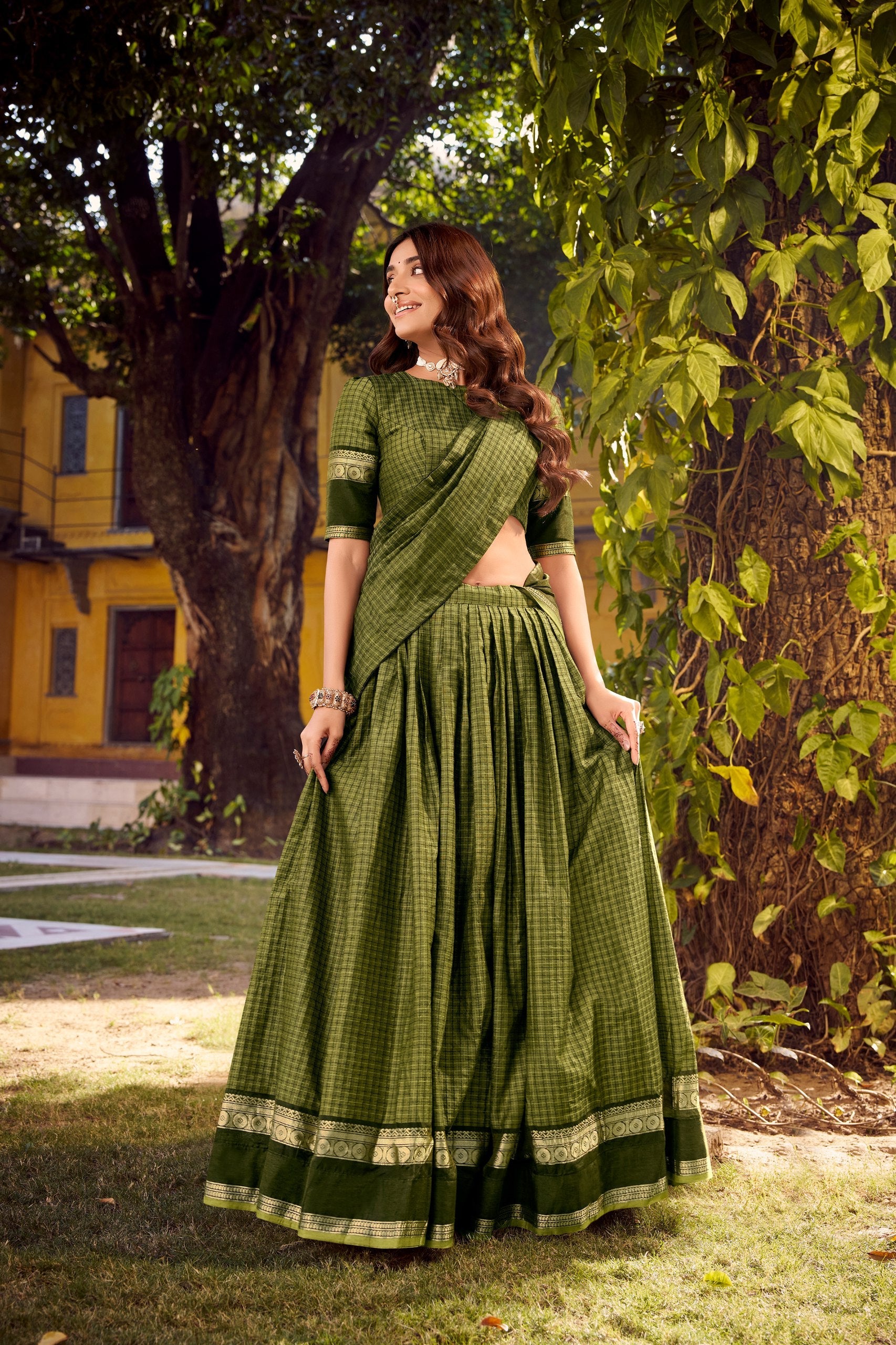 Mehendi Elegant Stitched Chettinad Cotton Lehenga with Checks & Zari Weaving – Traditional Festive Wear Set ClothsVilla