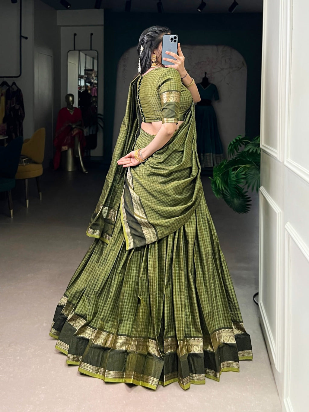 Mehendi Elegant Stitched Chettinad Cotton Lehenga with Checks & Zari Weaving – Traditional Festive Wear Set ClothsVilla