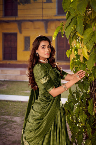 Mehendi Elegant Stitched Chettinad Cotton Lehenga with Checks & Zari Weaving – Traditional Festive Wear Set ClothsVilla