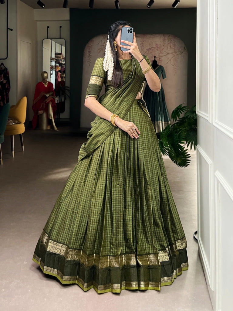 Mehendi Elegant Stitched Chettinad Cotton Lehenga with Checks & Zari Weaving – Traditional Festive Wear Set ClothsVilla