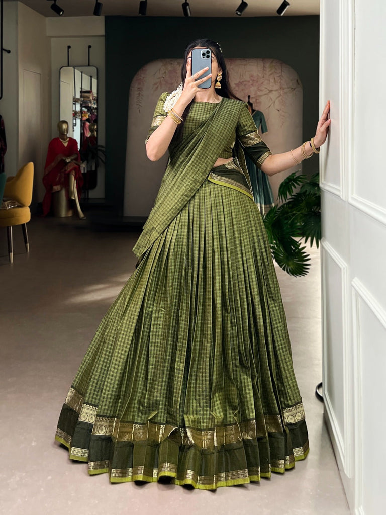 Mehendi Elegant Stitched Chettinad Cotton Lehenga with Checks & Zari Weaving Traditional Festive Wear Set Mehendi Elegant Stitched Chettinad Cotton Lehenga with Checks & Zari Weaving Traditional Festive Wear Set