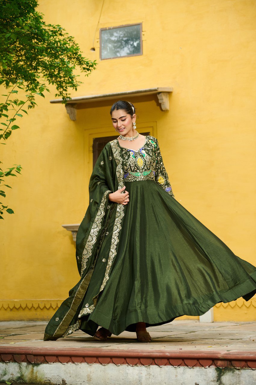 Mehendi Elegant Vichitra Fabric Gown with Multi-Thread & Zari Embroidery – 12 Kali Stitch, Full Sleeves ClothsVilla