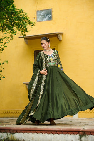 Mehendi Elegant Vichitra Fabric Gown with Multi-Thread & Zari Embroidery – 12 Kali Stitch, Full Sleeves ClothsVilla