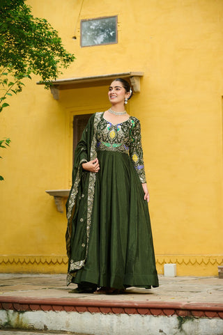 Mehendi Elegant Vichitra Fabric Gown with Multi-Thread & Zari Embroidery – 12 Kali Stitch, Full Sleeves ClothsVilla